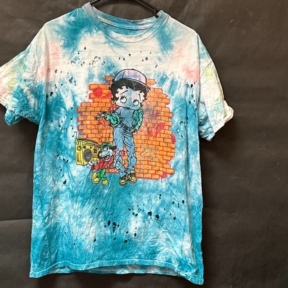 Betty Boop Size Medium Tee Shirt Cotton Tie Dyed Holes Tie Dye Blue Handmade - Picture 3 of 8